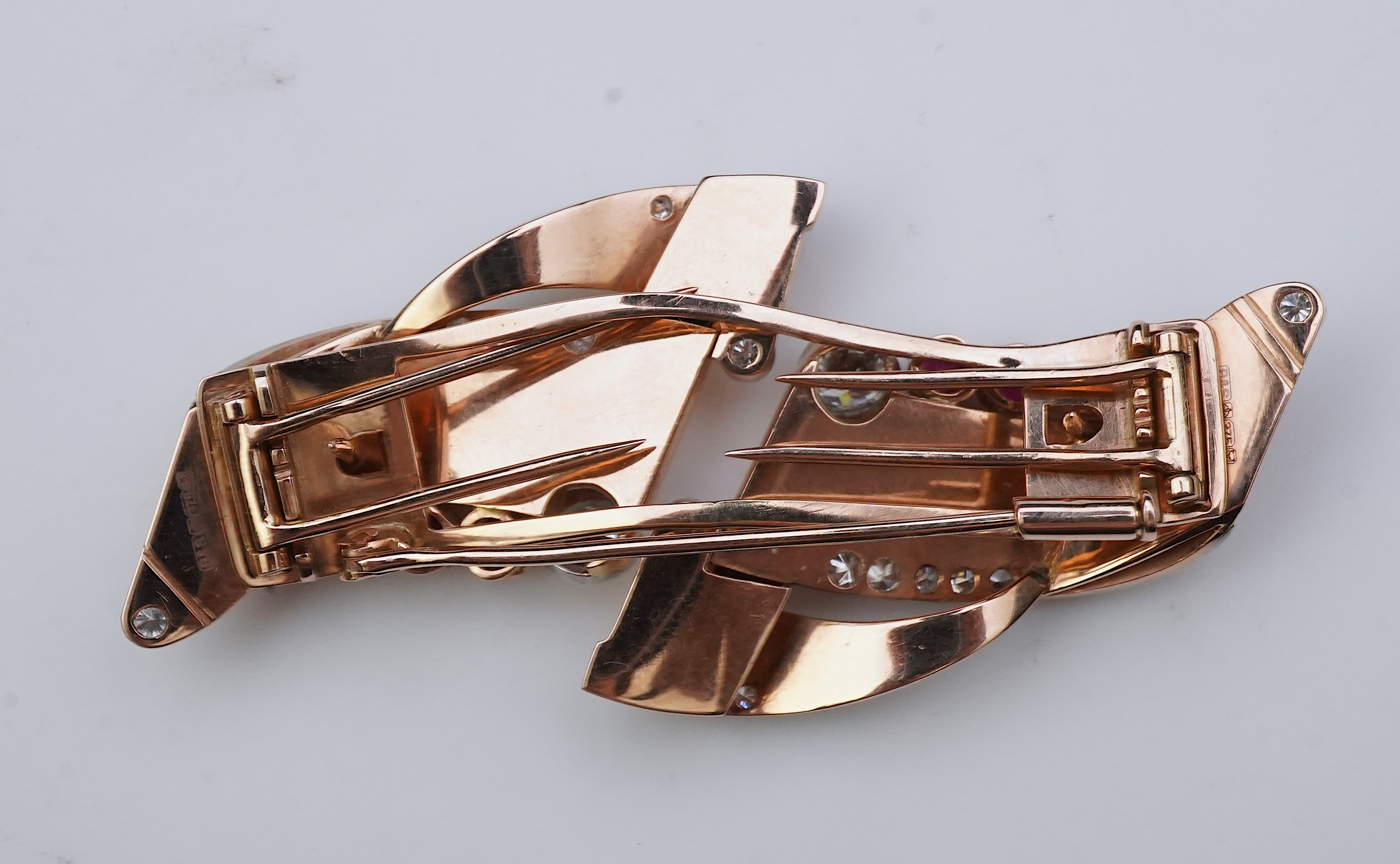 A Retro gold, synthetic ruby and diamond double clip brooch, circa 1940